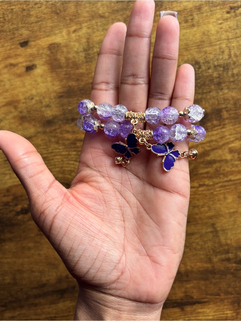 2pcs Purple Beaded Butterfly Charm Bracelet
